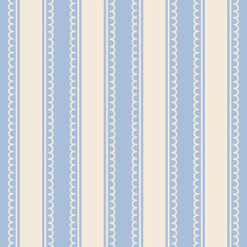 Abstract modern seamless minimal monochrome geometric pattern of white vertical stripes with lace on blue background, drawing, simple hand-drawn vector illustration in flat style, pastel colors