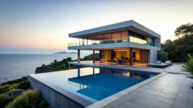 Modern luxury villa with infinity pool overlooking the ocean at sunset with panoramic views