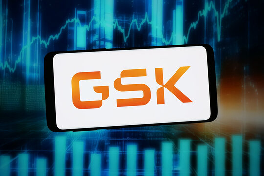 Stuttgart, Germany - 02-12-2026: In this photo illustration, the logo of British pharmaceutical company GSK plc is displayed on a smartphone in front of abstract background on computer screen.