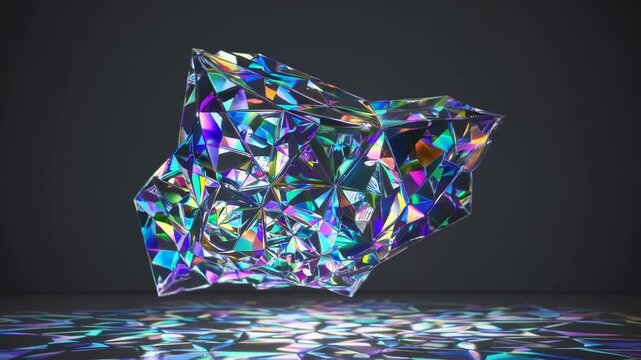 Colorful light effects from a floating crystal object on a dark background showing patterns on the surface below