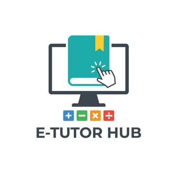 E tutor hub logo with computer monitor showing book and finger clicking on it