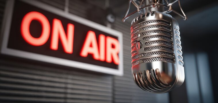 The Microphone in a Vintage Broadcast Studio with Illuminated On Air Sign