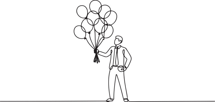 Single one line drawing the male worker standing holding lots of balloons. Celebration. Brilliance. Profitable projects abound. National Fun at Work Day. one line Icon drawing