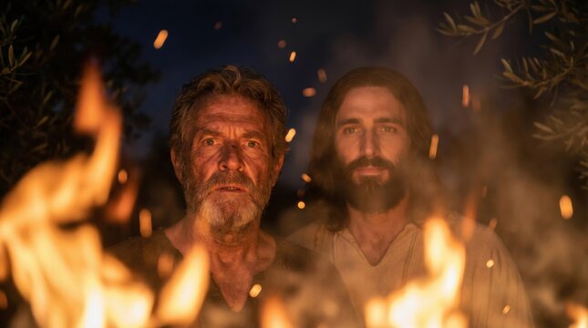 An old man and Jesus are standing close to fire. Paschal Triduum concept with religious scene for Good Friday and Easter.