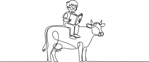 Continuous one line drawing boy reading book on cute cow. Learning the tastiest part of a cow. Deliciousness. The nerd. Boy Reading Book at Animal Back. one line Icon drawing © Mofazzelh