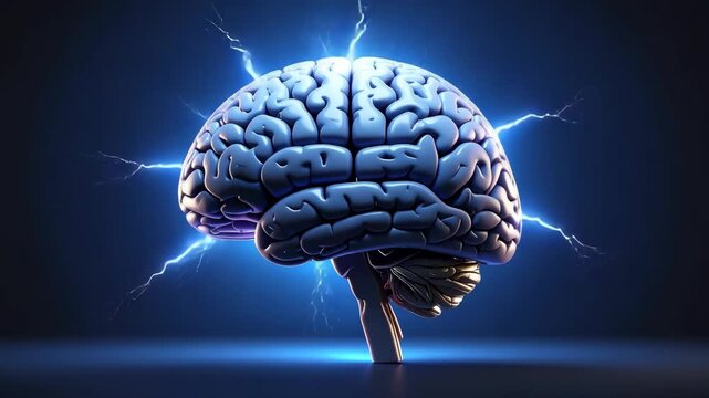 Close-up of a human brain with electrical sparks emanating, representing thoughts and ideas.