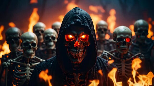 Grim Reaper Skeleton figures in fiery hellscape with glowing red eyes