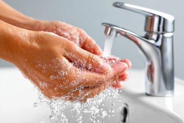 Fototapeta premium Washing Hands With Soap Under Running Water From Chrome Faucet In Bathroom Sink For Hygiene And Health Concepts