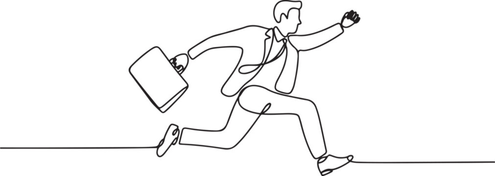Continuous line drawing of a man in a business suit jumping with a briefcase, representing a business concept for National Leave Work Early Day. one line Icon drawing