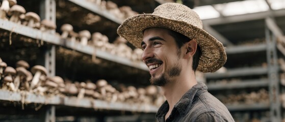 The mushroom farmer smiling in a rustic indoor cultivation facility with straw hat