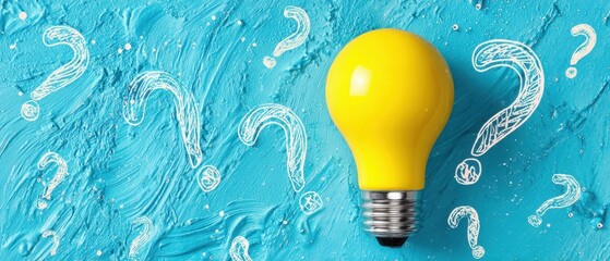 The Yellow Light Bulb on Blue Painted Background Surrounded by Chalk Question Marks