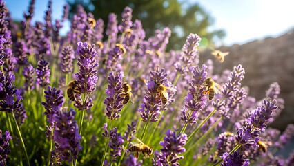Close-up of blooming lavender field with bees pollinating flowers in sunlight, nature, agriculture, summer, organic farming, aromatherapy, Provence, France.