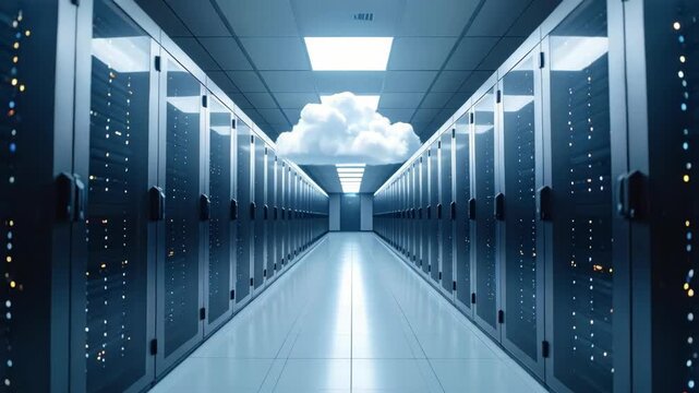 Modern data center corridor with rows of servers and a digital cloud overhead