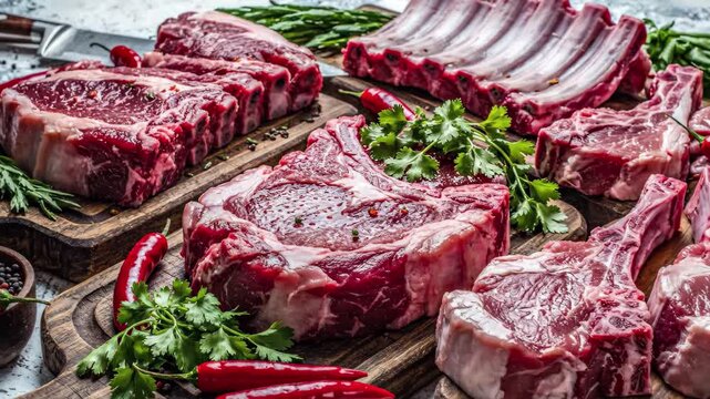 Assortment of raw red meat cuts, including ribeye and chops, with spices and herbs on wooden boards