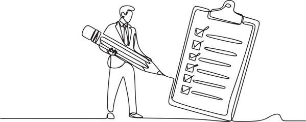 Continuous one line drawing businessman holding giant pencil looking at completed checklist on clipboard. Effective daily planning and time management. one line Icon drawing © Mofazzelh