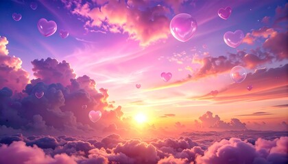 Fantastical Sunset Sky with Heart Bubbles