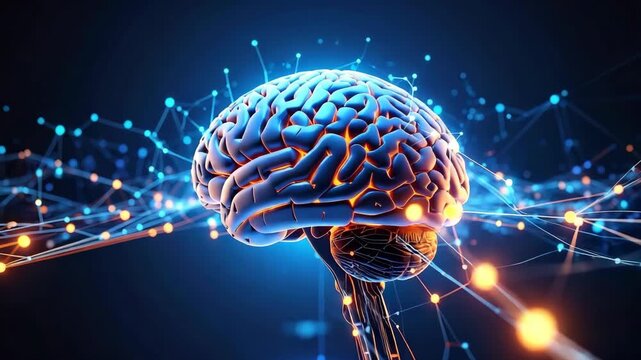 Digital brain connected by glowing neural network data streams concept