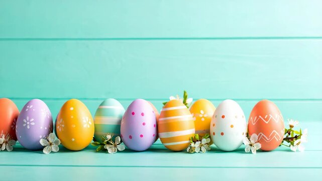 Colorful Easter eggs decorated with patterns and flowers on a turquoise background