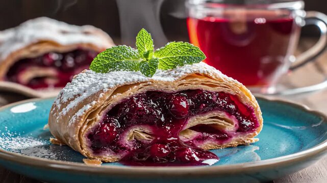 Slice of warm cherry strudel dusted with powdered sugar and garnished with mint, served on a blue plate with a cup of tea in the background