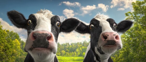 The Cow Pair Staring at Camera in Sunny Green Pasture with Whimsical Wide Angle