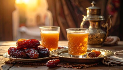 Tea and Dates on Rustic Table at Sunset