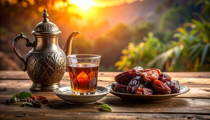 Tea and Dates on Rustic Table at Sunset