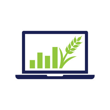 Laptop with growing bar chart and wheat or grain logo design concept. agriculture statistics.