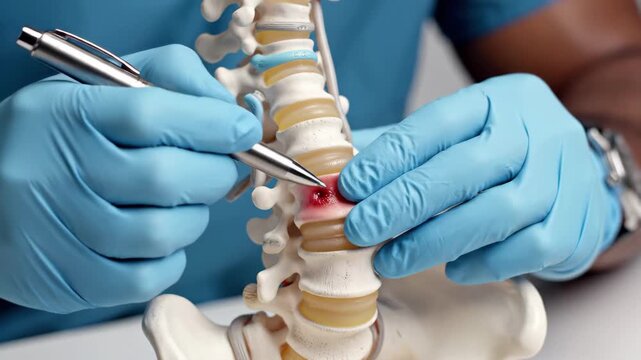 Doctor demonstrating spinal disc herniation on lumbar spine model with pen