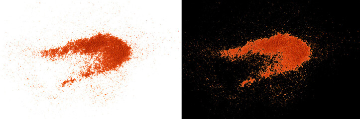Flying red paprika powder explosion or chili spice splash isolated. Scattered ground cayenne pepper dust and dry seasoning debris. Hot food ingredient blast