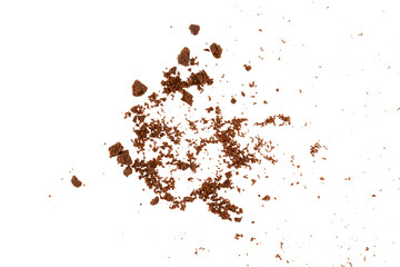 Flying dark chocolate cookie crumbs or brownie cake flakes isolated. Scattered sweet biscuit pieces and pastry dust texture. Exploding brown dessert debris for food compositing