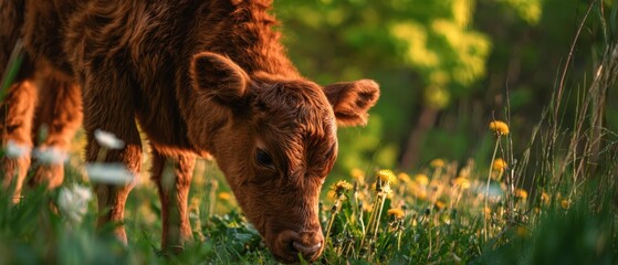 The calf grazing in a sunlit meadow among wildflowers at golden hour