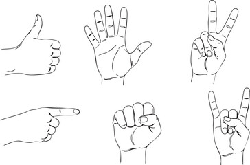 Obraz premium Black and white line of six different hand gestures hands line thumb