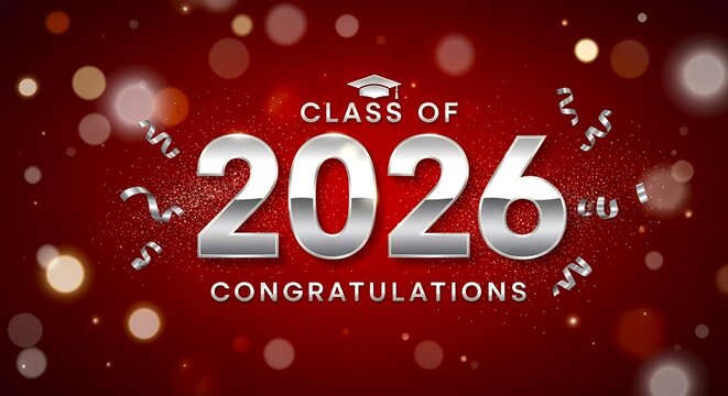 A red background with a silver graduation cap and the number 2026. The background is decorated with glitter