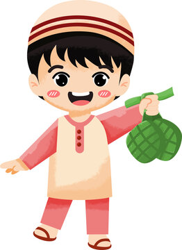 Happy Muslim Boy Holding Ketupat for Eid al-Fitr Celebration Cartoon.