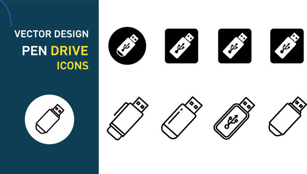 Minimal vector set of USB flash drive and pen drive icons in flat and line style for technology design