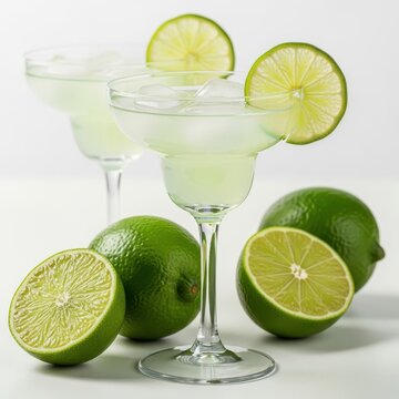 Refreshing margarita with lime garnish and fresh citrus fruits on display