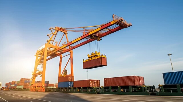 Port crane lifts container against a clear blue sky, more containers below