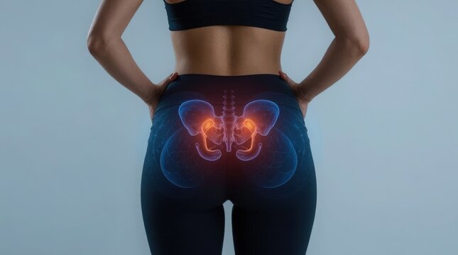 Human Pelvis and Spine Anatomy Overlay Highlighting Musculoskeletal Pain, Rehabilitation, Orthopedic Care and Healthcare