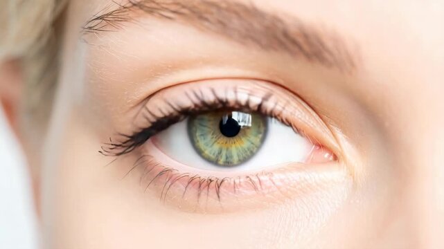 Macro extreme close-up of a green and gold hazel iris, pupil, eyelashes, and eyebrow