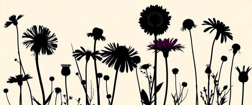Elegant silhouettes of various wildflowers against a clean background, ideal for design projects,  flower,  cutout