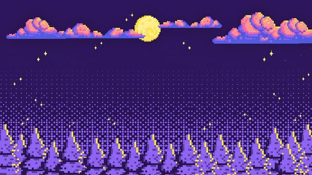 Retro pixel art night landscape background with purple pine forest, moon, and stars perfect for streaming background, intro background, and podcast background