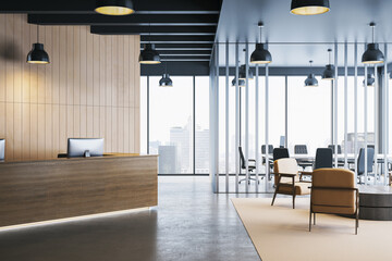 Modern office reception area with wooden desk, open workspace, city view through large windows, and...