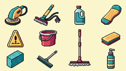 Fototapeta premium Pixel art cleaning tools set with mop, brushes, and detergents