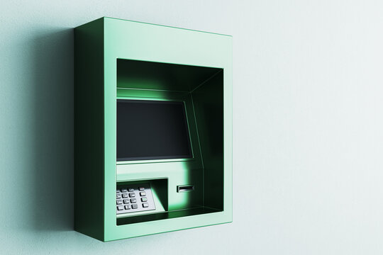 Green ATM machine mockup with blank screen and keypad on light wall background for banking branding and design presentations. 3D Rendering