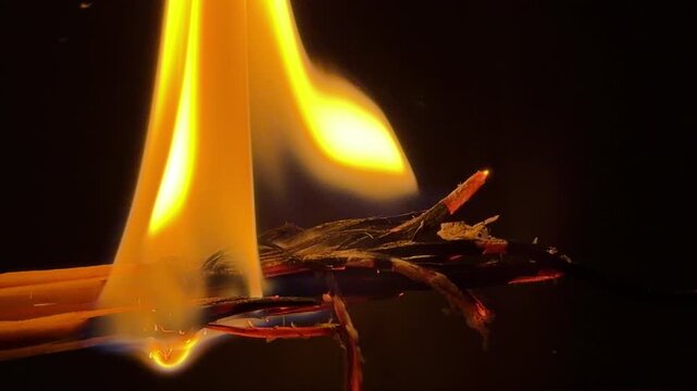 A bundle of wooden splinters tied with twine is set on fire. The wood catches quickly and burns with a bright flame. This action produces continuous hissing and sharp crackling sounds.