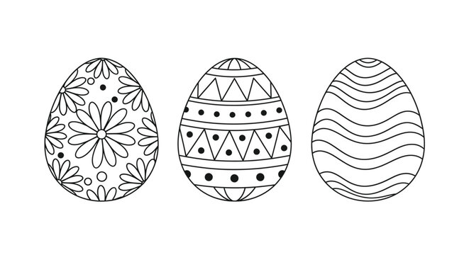Three beautifully decorated black and white outline easter eggs ready for coloring provide holiday fun for children and adults seeking printable activities.