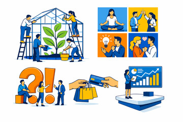 Naklejka premium Diverse Business and Lifestyle Concepts Vector Set: Growth, Teamwork, Ideas, Finance, Shopping, Relationship, and Wellness Illustrations Bundle