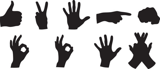 Black silhouettes of hands in various gestures on white background hand silhouettes black and white