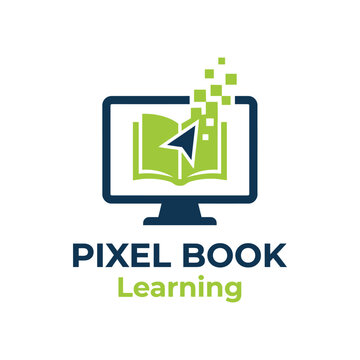 Pixel book learning logo with computer monitor and digital arrow icon