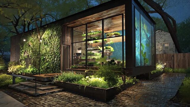 Modern green building with living wall and interior vertical garden illuminated at night, sustainable urban architecture